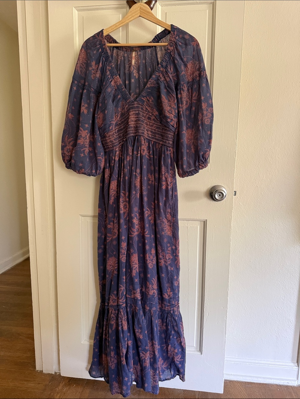 Free People Navy Maxi Dress with Rust Floral Print